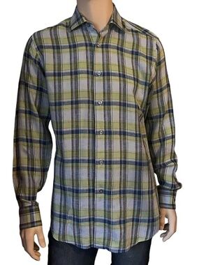 Robert Talbott 100% Linen Tailored Plaid Shirt Long Sleeve Authentic Portugal